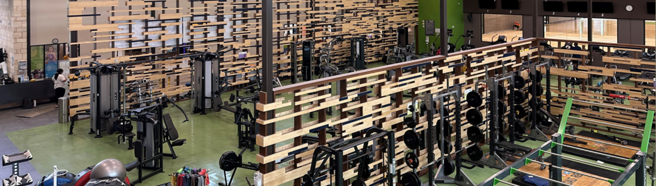 Overhead view of workout equipment at Das Rec