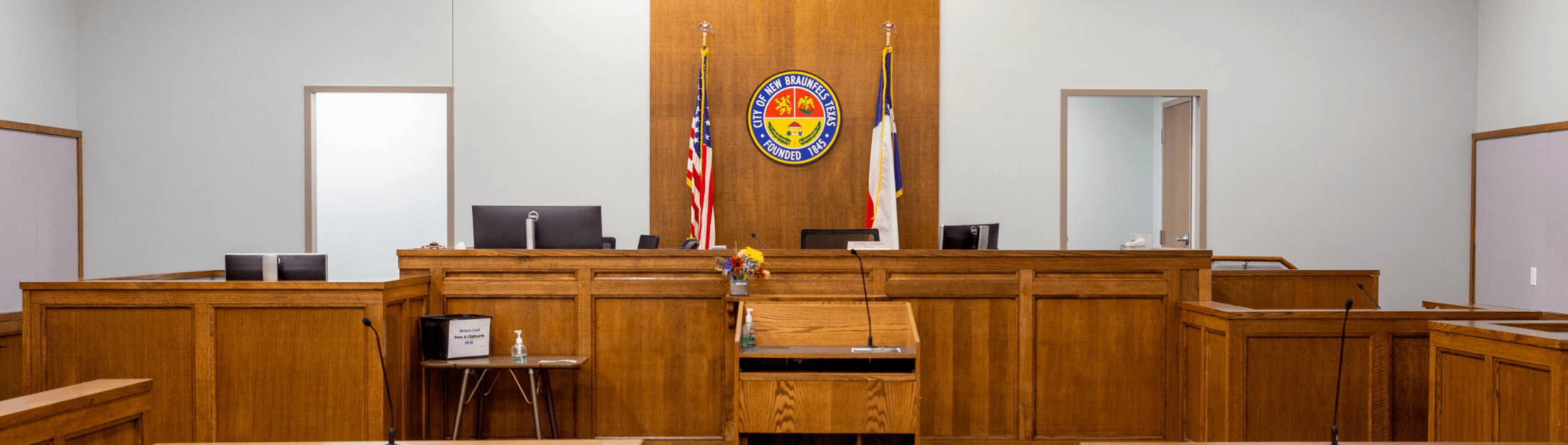 A view of the City of New Braunfels Municipal Court bench and courtroom
