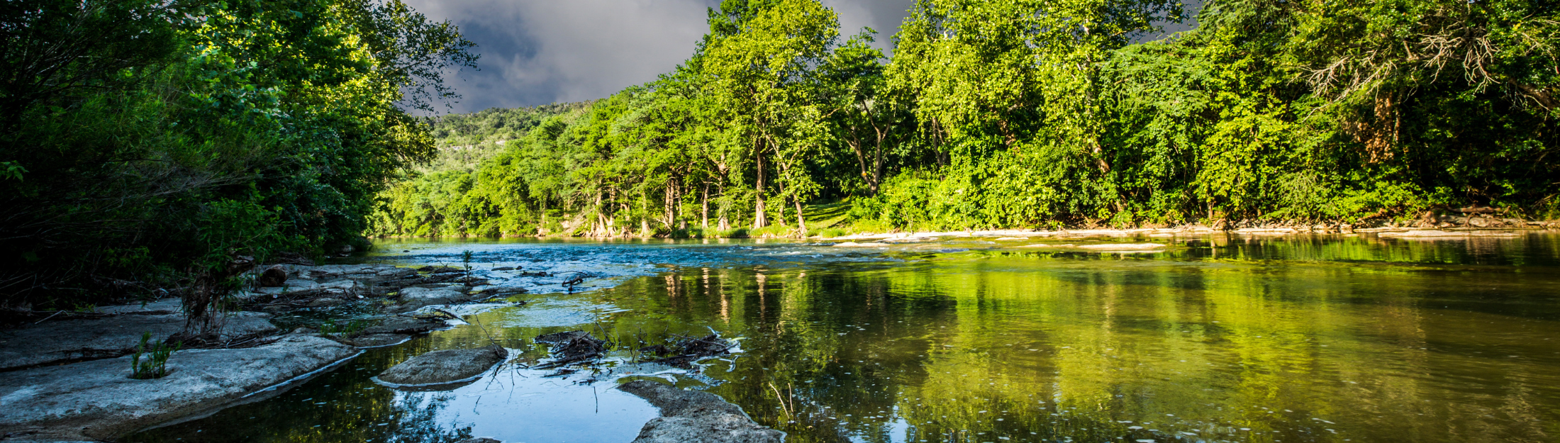 A river-level view of a section of the Guadalupe River